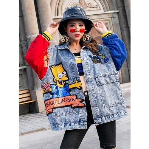 Cartoon Print Sequins Denim Jacket Women Hit the color Jean Jacket Woman Streetwear Oversized Outerwear Fashion Lady Denim Coat
