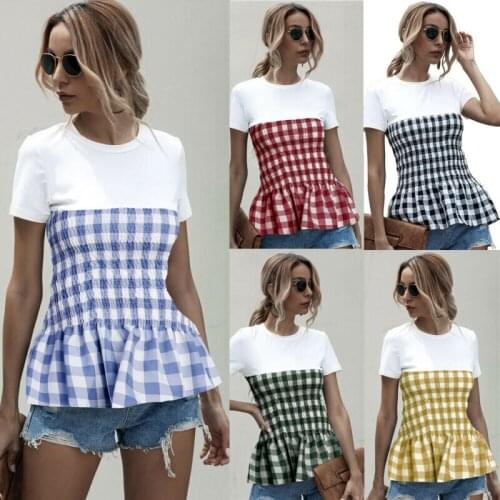 Womens Ruched Short Sleeve Tops Casual T-Shirts Ladies Check Plaid Tunic