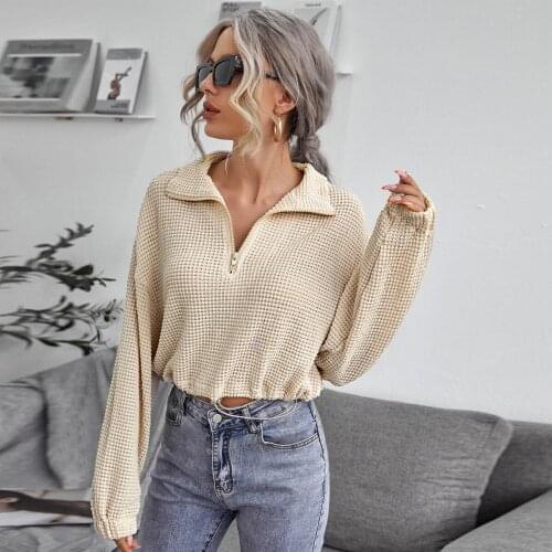 Pullover for Women Zip Turn-down Collar Long-sleeve T-shirt Office Lady Sexy Adjustable Drawstring Plaid Loose Club Short Shirt