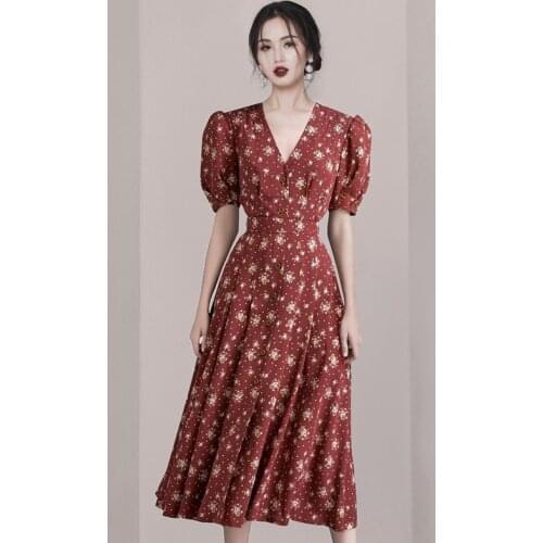 Runway Summer Party Dresses 2020 New fashion Women Puff Sleeve Floral Print Chiffon Fashion Single Breasted Holiday Midi Dress