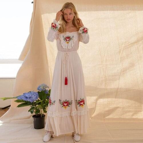 2020 summer new Korean version of the rural style dress bohemian beach long dress retro embroidered word collar wrap chest dress