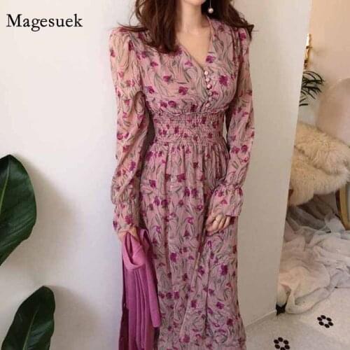 2020 Early Autumn Single-breasted Long Sleeve Elegant Dress for Women French Vintage V-neck Elastic Waist Floral Dress 12295