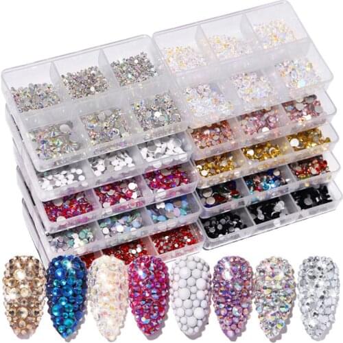 1 Box Rhinestone Nail Art Crystal Gold Silver Clear All Color Flat Bottom Mixed Shape DIY Nail Art 3D Decoration In 6 Cell Pot