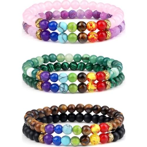 2Pcs/Set Couple Energy Chakra Beacelet 6MM Onyx Lava Tiger Eye Natural Stone Bangles Jewelry Women Yoga Prayer Chain Gift Friend