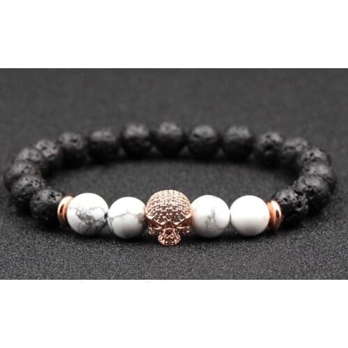8mm xg3 skull cz zircon cubic zirconia elastic adjusted black volcanic lava Bracelet Stone bead white Howlite Fashion