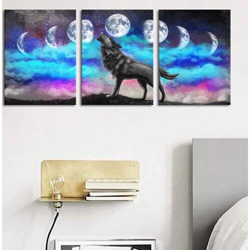 Diamond Embroidery Piece Wolf Wall Art Black Wolf Waxing and Waning Moon on Mountain Scenery Diamond Painting Triptych A897