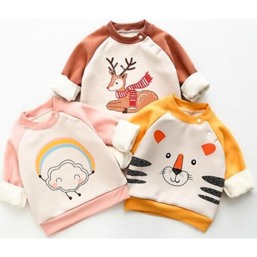 Children Plus Velvet Boys and Girls Autumn and Winter Dress Long-sleeved Childrens Wear Baby Thick Warm Rocker Velvet Top