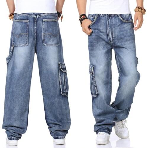 Mens Cargo Jeans Pants Wide Leg Loose Fit Jeans For Men Hip Hop Baggy Jeans Homme Mens Denim Harem Trousers Plus Size 42 44 46