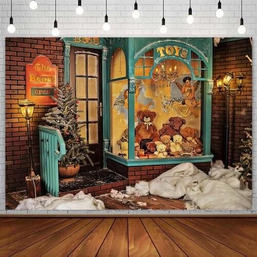 Winter Christmas Tree Backdrop Toy Store Bear Shop Window Snow Brick Wall Kid Photography Background Photostudio Photozone Props