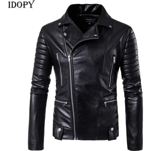 Idopy Fashion Mens Leather Biker Jacket Multi Zipper Suede Motorcycle Jackets Coats For Male Plus Size M-5XL High Quality