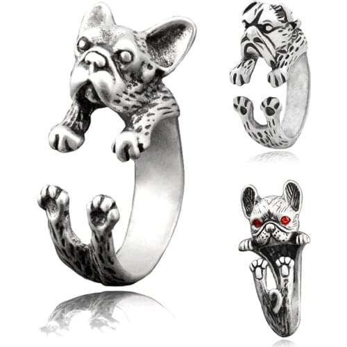 Fei Ye Paws Boho Retro French Bulldog Pet Ring Anel For Women Dog Animal Midi Finger Metal Rings For Girls Men Jewelry Gift Idea