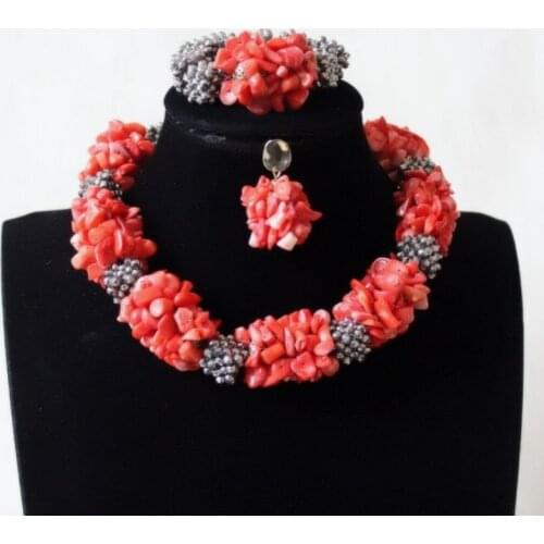 Dudo African Jewelry Set Choker Orange Coral Beaded Balls Crystal Beaded Balls Fine Nigerian Wedding Beads Set 2020