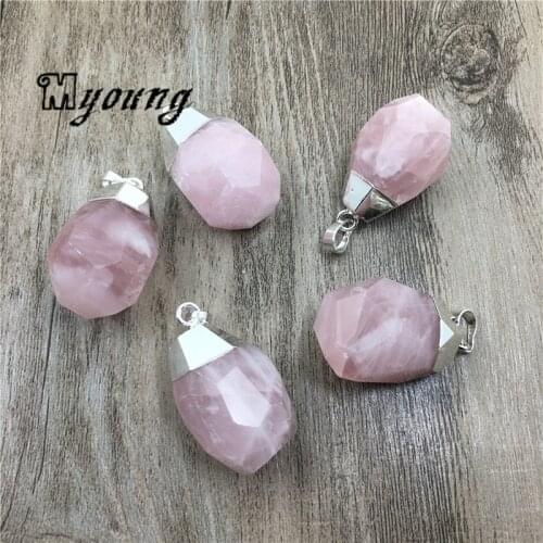 Teardrop Shape Roses Quartz Pendant Charm,Faceted Pink Crystal Pendant with Gold Silver Color Cap Necklace Making MY0505
