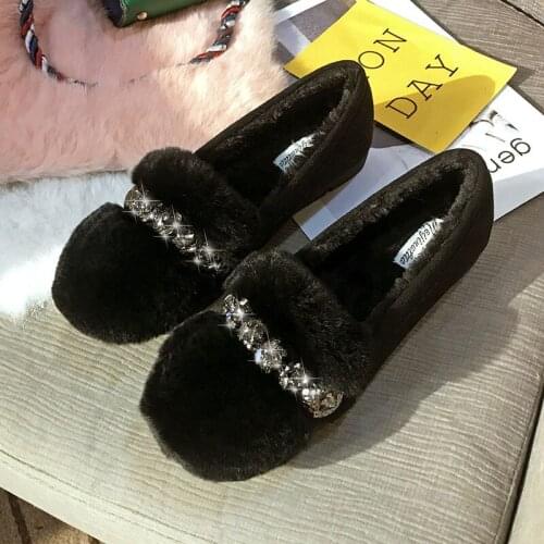 34-44 big size rabbit fur flats women crystal ear winter plush shoes woman rhinestone furry loafers warm creepers moccasins 466