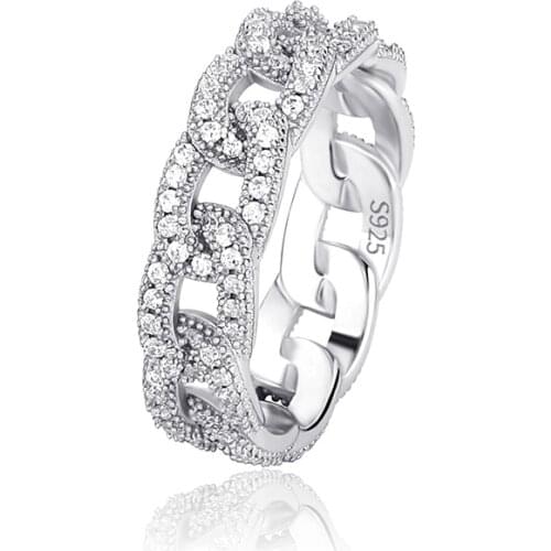 S925 Sterling Silver 5A+ Cubic Zirconia Ring for Women Cuban Chain Shape CZ Rings Men Hip Hop Rapper Jewelry Gift Drop Shipping