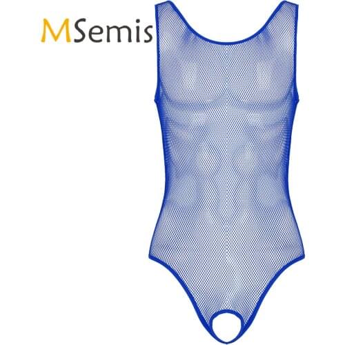 Mens Lingerie Crotchless Bodysuit Hollow Out See Through Fishnet Scoop Neck Sleeveless Open Crotch Leotard Bodysuit Nightwear