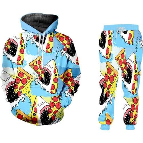 OGKB 3D Mens Sets Hoodies Shark And Pizza 3D Full Print Hoodies And Jogging Pants Set High Quality Streetwear Sets Oversized