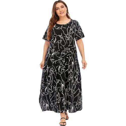 4XL 5XL Plus Size Dress Women Summer Short Sleeve Geometric Print Ruffles Casual Dress Black Loose Oversized Maxi Long Dresses