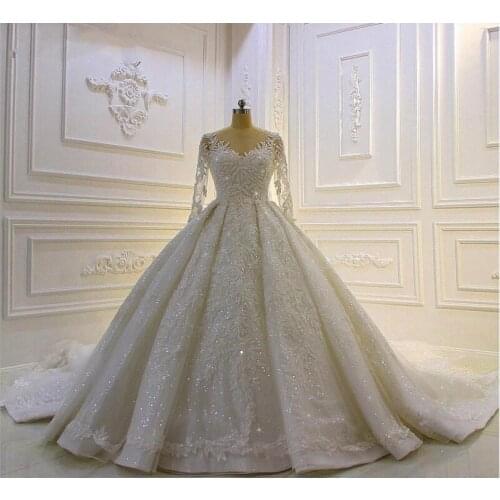 Modest Long Sleeves A Line Wedding Dresses Bridal Gowns Sheer Jewel Neck Lace Appliqued Sequins Plus Size Robe De Mariee Custom