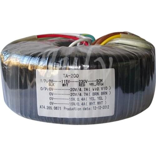 Toroidal transformer 200W dual 20V + dual 15V ring cattle power transformer 115V-230V, with shielded line output