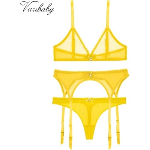 Varsbaby Lemon Yellow Summer Three-Piece Set Sexy Transparent Wire Free Seamless 3/4 Cup Bra Set