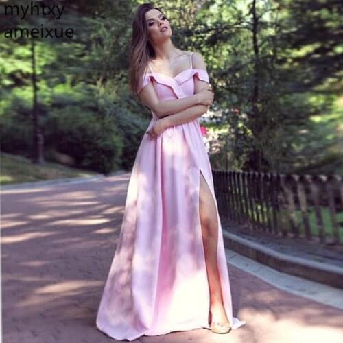 Custom Blush Pink Off Shoulder Evening Dresses Spaghetti Straps Long Formal Party Gowns Simple Front Split Satin Robe De Soiree