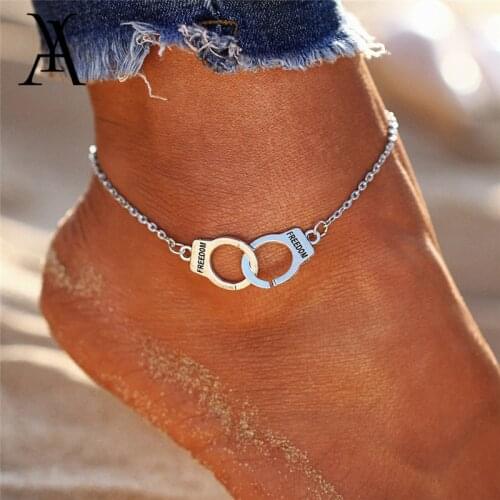 Vintage Silver Color Handcuffs Anklets for Women Bohemian Freedom Ankle Bracelet on the Leg Moon Dragonfly Pendant Feet Jewelry