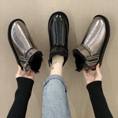 Women Boots Patent Leather Round Toe Flat Pure Color Cotton Shoes Women Short Waterproof Warm Thicken Winter Boots 2021 New