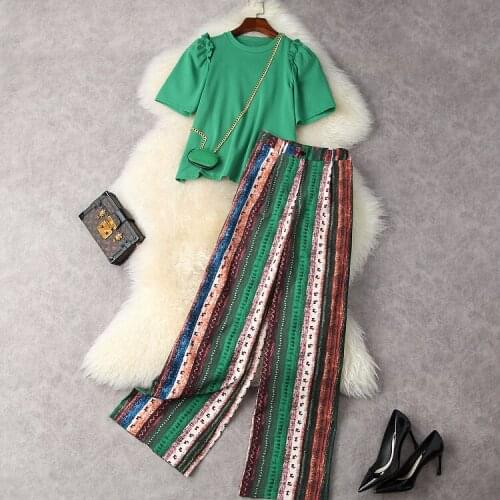European and American womens wear summer 2021 The new Green T-shirt with short sleeves Printed wide-leg pants Fashion suits