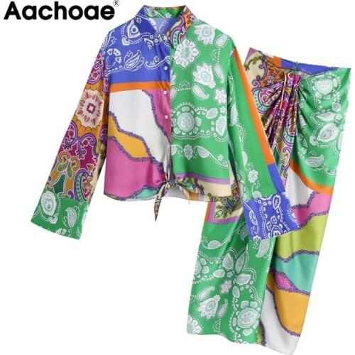 Aachoae Women Vintage Printed 2 Piece Set Bow Tie Long Sleeve Turn Down Collar Blouse Shirt High Waist Knotted Back Zipper Skirt