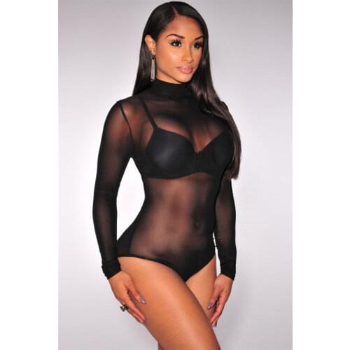 Women Sexy Long Sleeve Romper, Mesh Sheer See-Through High Neck Jumpsuit, Solid Color Stretch Slim One Piece Bodycon