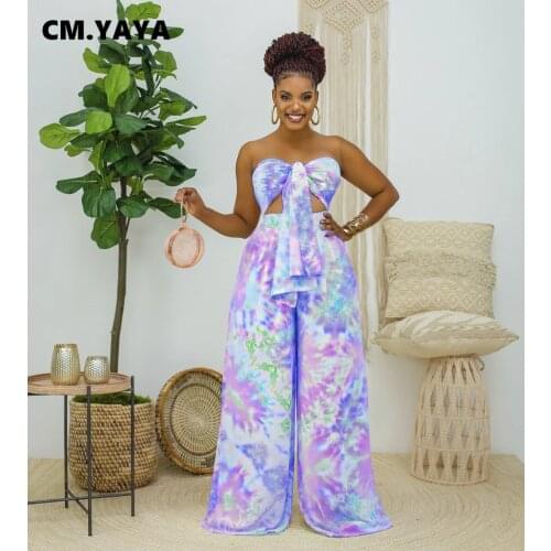 CM.YAYA Tie Dye Leopard Dot Print Womens Set Beach Bohemian Strapless Tops and Straight Loose Pants Matching Two Piece Set