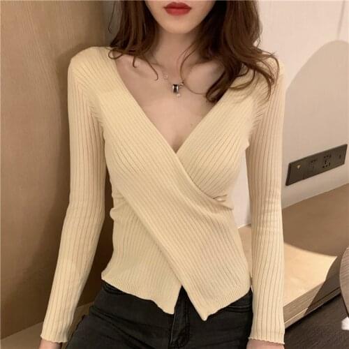 Zoki Knitted Full Women Sweater Long Sleeve Fashion Crossed V Neck Jumper Causal Sexy Autumn Slim Pullover Ladies Basic Top 2020