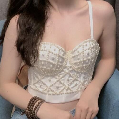 2020 Women Sleeveless Crop Top Sexy Imitation Pearl Beaded Bustier Adjustable Spaghetti Straps Push Up Corset Club Bralette