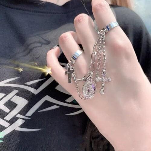 TIMEONLY Vintage Multiple Copper Layered Charm Rings for Women Femme Silver Color Alloy Smile Bowknot Skull Ring Hip Hop Jewelry