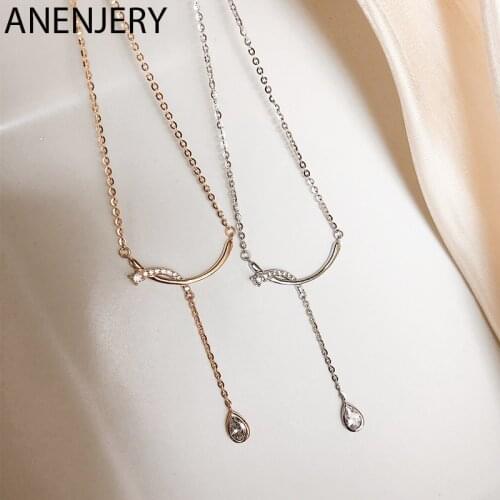ANENJERY 925 Sterling Silver Cross Waterdrop Necklace for Women Dainty Tassel Pendant Necklace Jewelry Gifts Wholesale S-N729