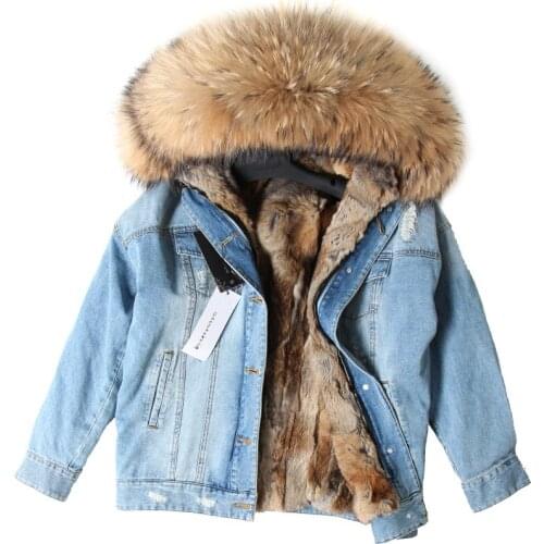 2020 new winter High fashion street Womans denim fur coat Real Rabbit Fur parka Detachable lining Hooded jackets