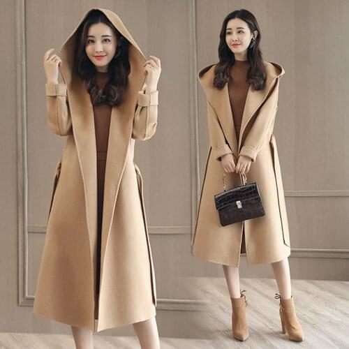 Fashion temperament womens autumn and winter new woolen coat in the long section of the slim hooded solid color woolen coat AL1