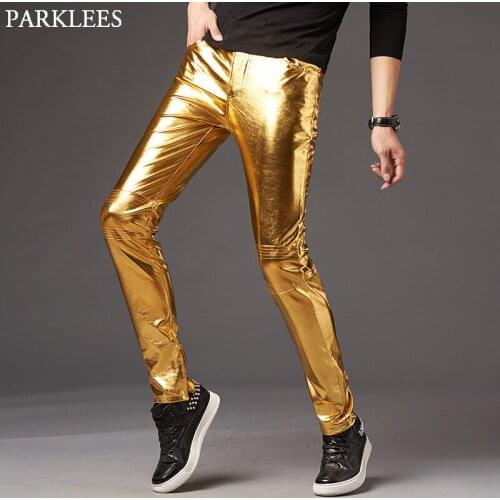 Gold Metallic Pu Leather Motorcycle Pants Men Skinny Tights Disco Party Halloween Trousers Stage Dancer Prom Pantalones Hombre