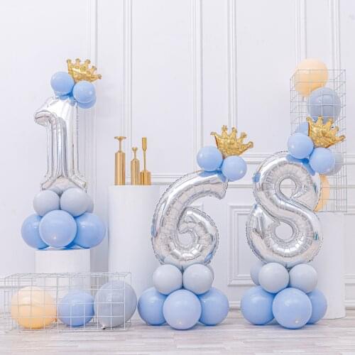 14pcs 32inch Silver Number Foil Balloon 10inch Crown Blue Latex Balloons For Kids 1st Birthday Party Decorations Supplies