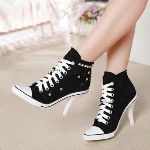2020 Women Canvas Shoes Denim High Heels Black Rivets Shoes Fashion Shoe Laces Sneakers Women Short Boots