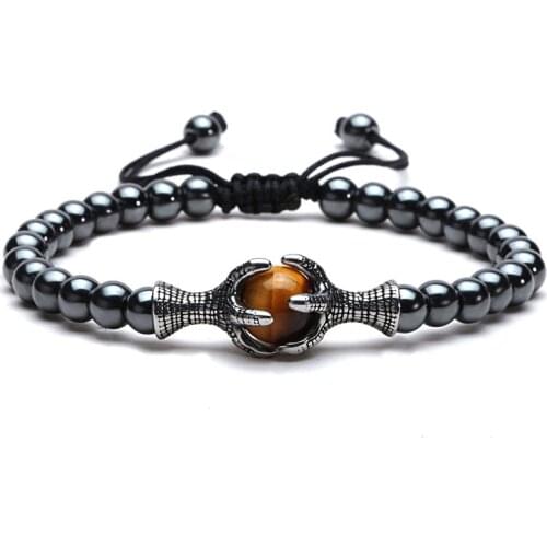 6mm gunblack Stone beads men bracelet Adjustable Dragon claws shape bracelets Jewellery for pulsera hombre armband accessories
