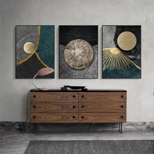 Nordic Canvas Painting Abstract Golden Black Wood Texture Wall Art Pictures and Print for Living Room Decor Posters