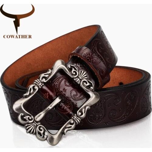 COWATHER 2019 cow genuine leather belts for Women luxury strap female belt Cashew flowers high quality pin buckle 3.2cm XF022