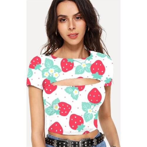 Somepet Strawberry T shirt Women Flower Navel Bare Lovely Tshirt Printed Harajuku Hollow Out T shirts Womens Clothing Hip Hop