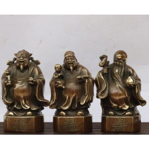 China brass Fu lu shou Three Longevity Buddha crafts statue A set