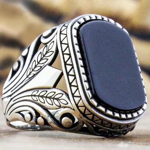 Black Onyx Stone Retro Handmade Turkish Mens Ring Vintage Hollow out Flower Pattern Ring Punk 2021 Trendy Jewelry Gift For Him