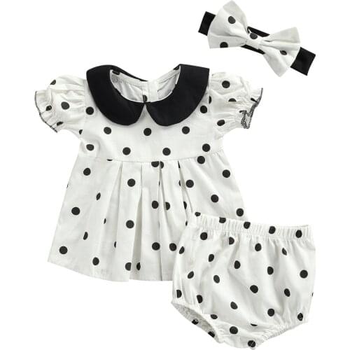 Citgeett Summer Infant Baby Girls Tracksuit Polka Dot Peter Pan Collar Blouse + Pantie + Bowknot Hairband Clothes 0-24Months