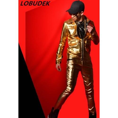 PU Leather Gold male jacket Coat slim pants set Bar nightclub singer DJ DS costumes Punk style Tide Rock Jazz performance outfit