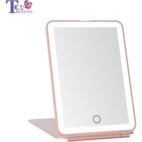 Desktop Single-sided Mirror Rectangular Foldable Makeup Mirror with Led Light Ladies Outdoor Compact Portable Ultra-thin Mirror